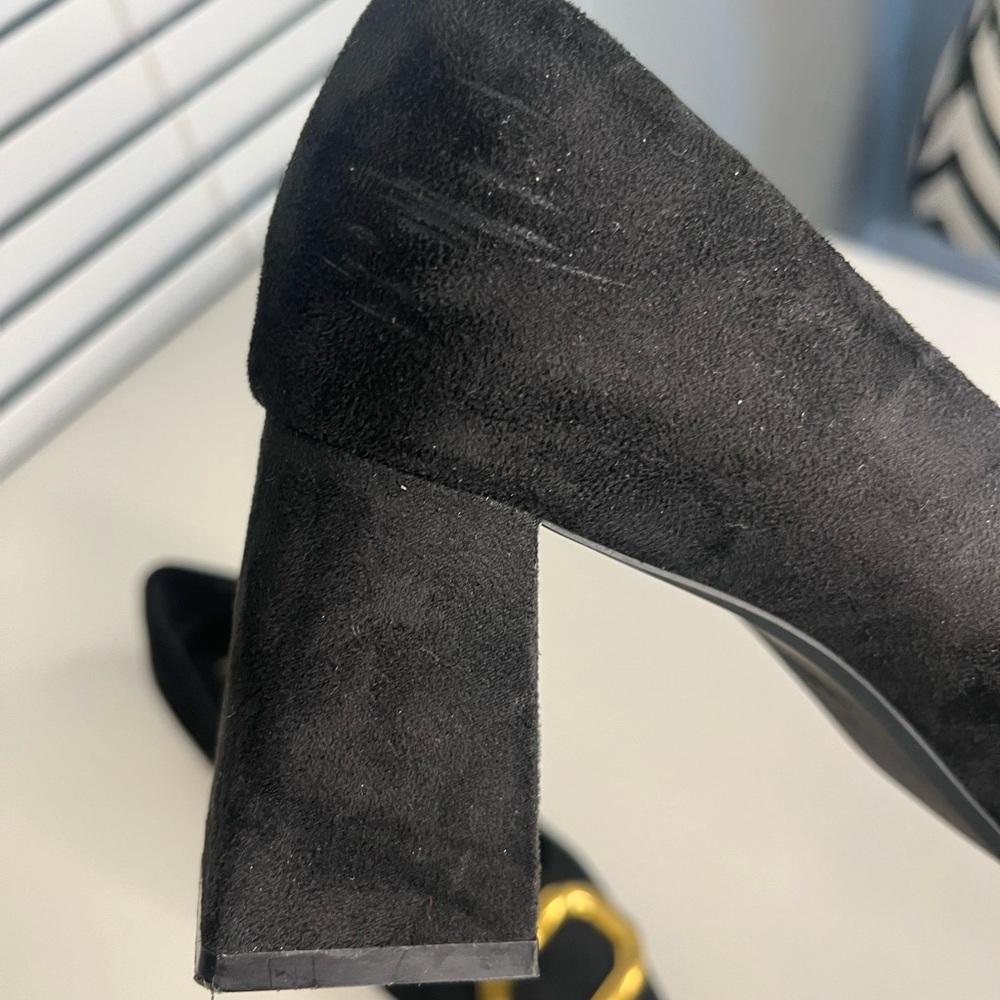 Zara Black Suede Pointed Toe Heels with Gold Buckle - Picture 12 of 12